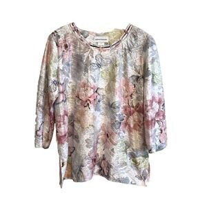 Alfred Dunner 3/4 Sleeve Floral Blouse Sz M Dainty Fairy Career Feminine Beaded
